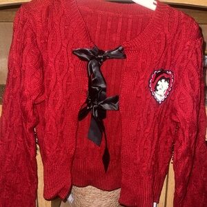 Red Cable Knit cardigan with Embroidered Betty Boop Patch